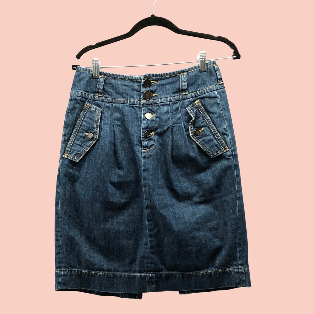 Vintage Y2K French Connection High Waisted Denim Utility Skirt Button Front 6